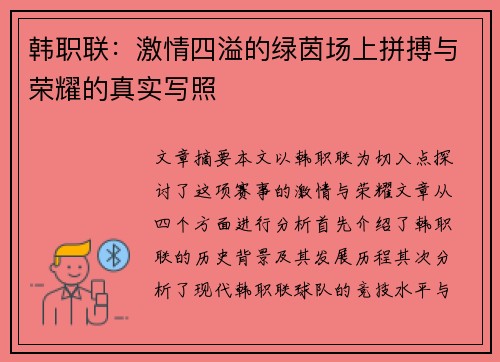 韩职联：激情四溢的绿茵场上拼搏与荣耀的真实写照