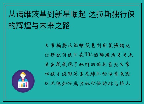从诺维茨基到新星崛起 达拉斯独行侠的辉煌与未来之路