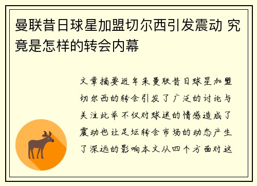 曼联昔日球星加盟切尔西引发震动 究竟是怎样的转会内幕